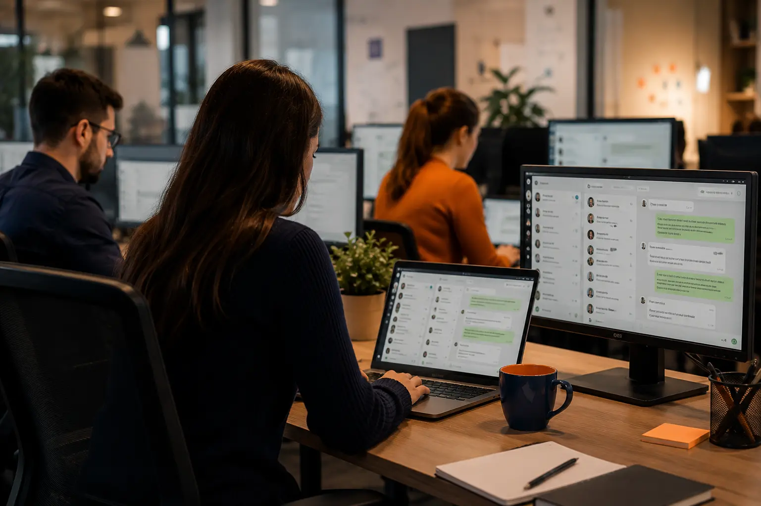 Equipo de agentes trabajando con la API de WhatsApp Business en múltiples pantallas