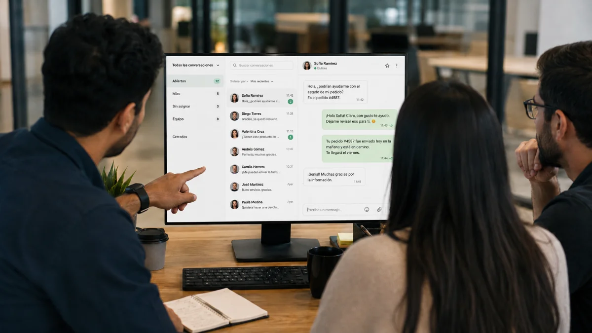 Equipo trabajando con bandeja multiagente de WhatsApp de Agentiza