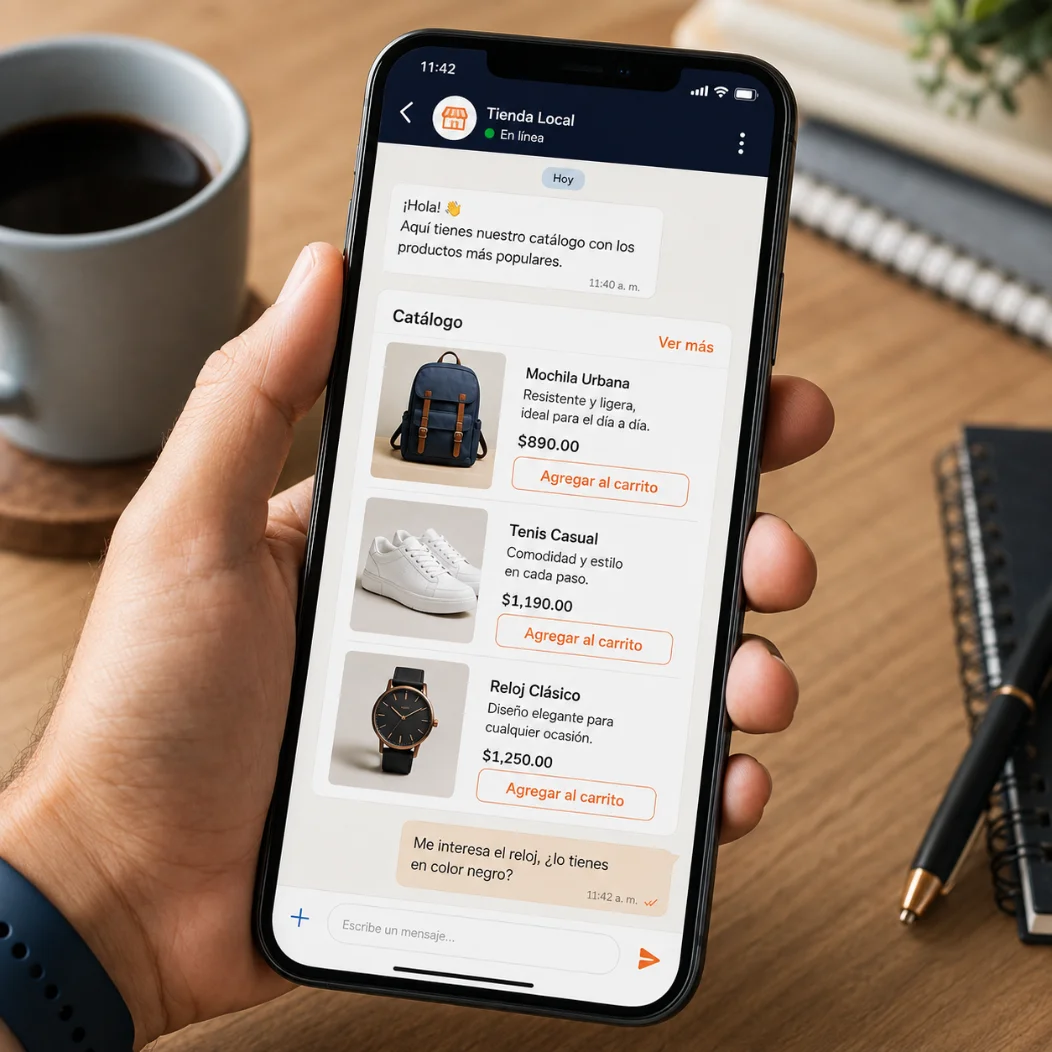 Bot de WhatsApp de Agentiza mostrando catálogo de productos para vender por chat