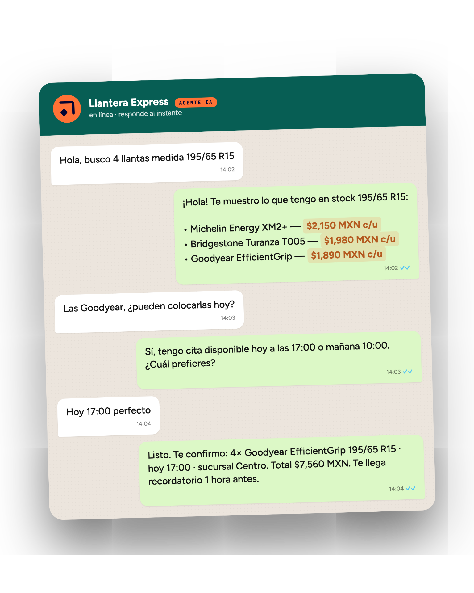 Conversación de WhatsApp donde el agente IA cotiza llantas Michelin, Bridgestone y Goodyear y agenda colocación